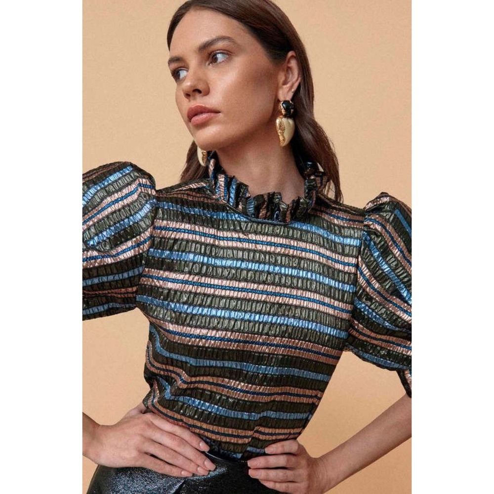 Hunter Bell NWT Stella Top Festive Stripe Metallic Puff Sleeve Blouse- Large
